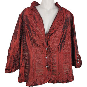 Vintage Agora Blazer Jacket Embroidered Jacquard Maroon Ruffled Large Evening